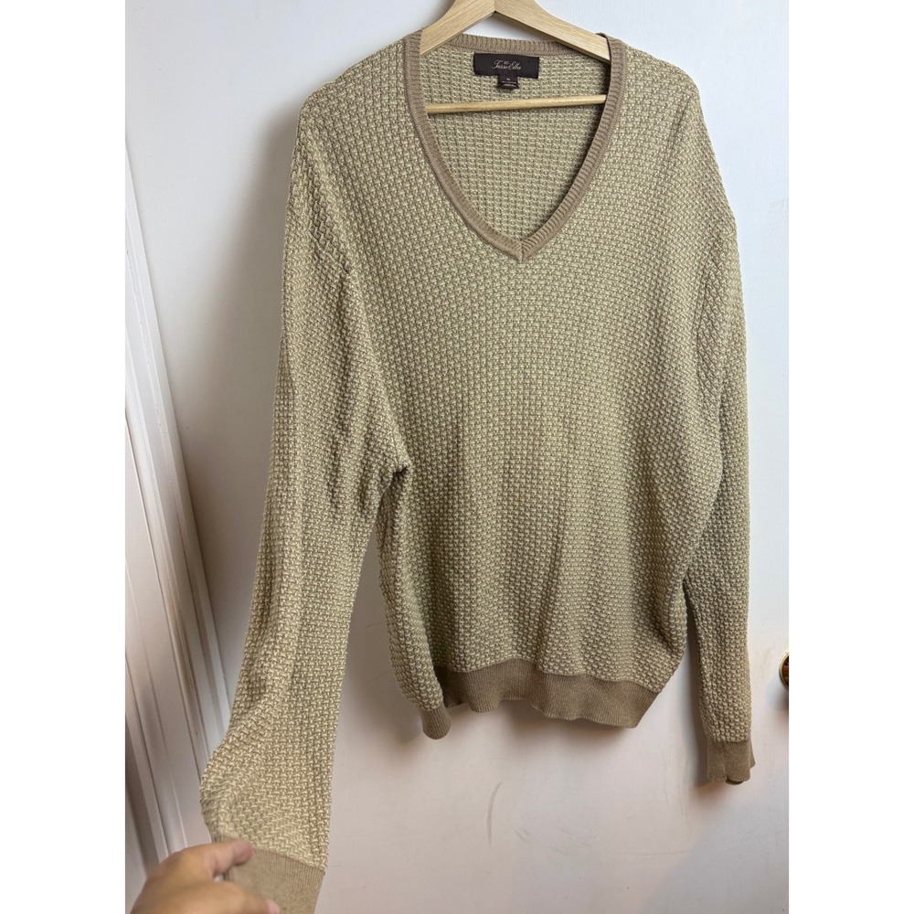 Tasso Elba Men 100% Cotton Sweater Preppy XL Tan V-Neck Fisherman Grandpa Luxury